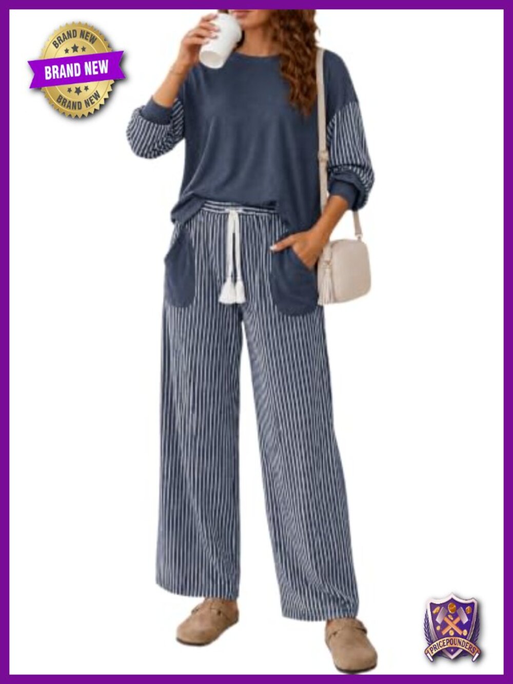 Women's 2 Piece Lounge Set Striped Long Sleeve Top Wide Leg Pants